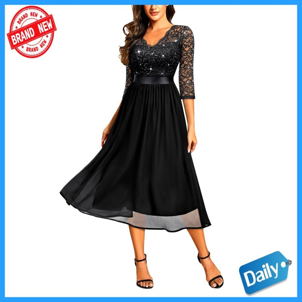 Elegant V Neck Sequin Lace Sleeve Bridesmaid Party A-Line Dress